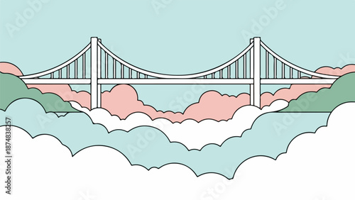 Sleek suspension bridge with two towering pillars and intricate cable system spanning a serene landscape with rolling hills and soft light blue sky
