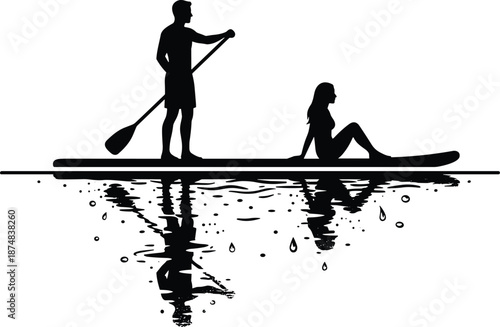 Couple paddleboarding silhouette on calm water with reflection, stand up paddle board activity, outdoor recreation, summer adventure illustration, vector design