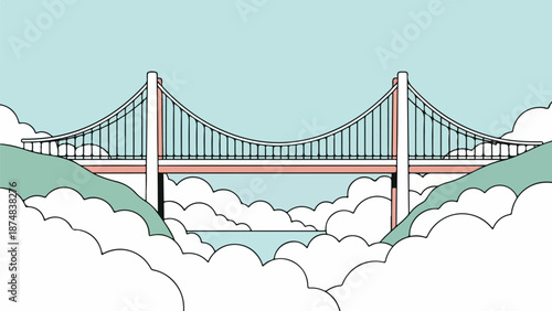 Illustration of a suspension bridge spanning calm blue water under a light blue sky with scattered clouds