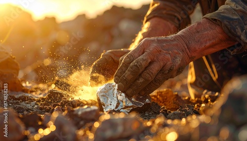 Laborer hammering metal object on rocky ground at sunset.