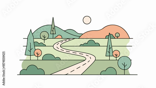 Serene countryside landscape with winding road and lush greenery