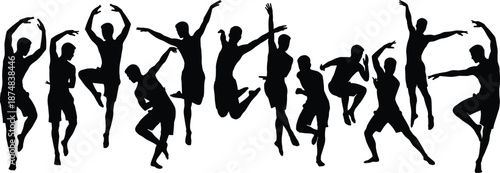 Dancing people silhouette set jumping and moving poses, energetic group celebration freedom concept, black vector illustration isolated white background