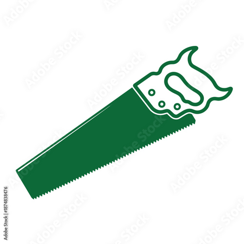 Green hand saw with serrated blade and handle  isolated on white background