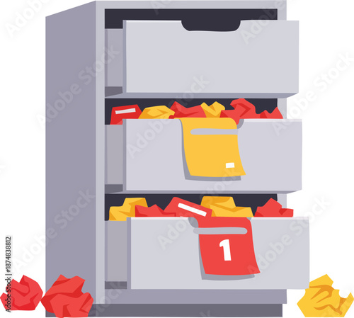 Filing cabinet overflowing with crumpled paper