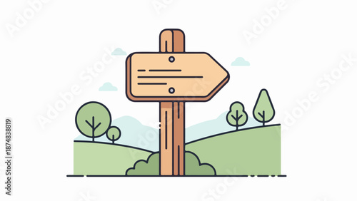 Weathered wooden signpost with directional arrows in a scenic outdoor setting with rolling green hills and a blue sky
