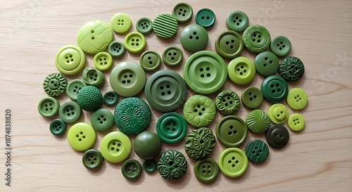 Collection of Green Buttons on Wooden Surface - A Crafting Essential.