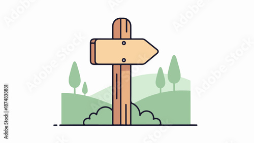 Rustic wooden signpost in a natural landscape with rolling hills and sparse trees