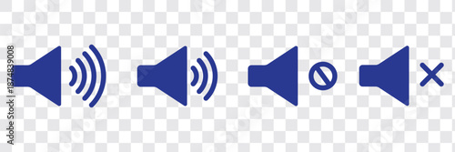 Volume Icon set. Loudspeaker Mute and unmute volume sound flat vector icons for video apps and websites. Speaker volume icon -audio voice sound symbol media music. Simple black line flat glyph