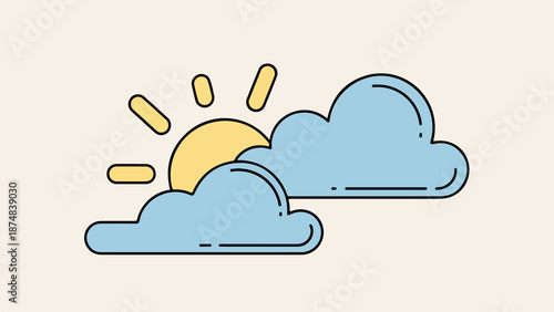 Illustration of two light blue clouds and a bright yellow sun in a partly cloudy sky