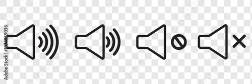 Volume Icon set. Loudspeaker Mute and unmute volume sound flat vector icons for video apps and websites. Speaker volume icon -audio voice sound symbol media music. Simple black line flat glyph