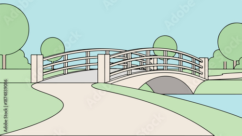 Gracefully arched bridge spanning a calm, muted blue waterway in a serene park