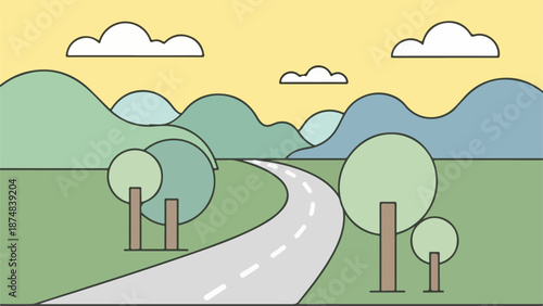 Stylized countryside scene with winding road, trees, and rolling hills under a yellow sky