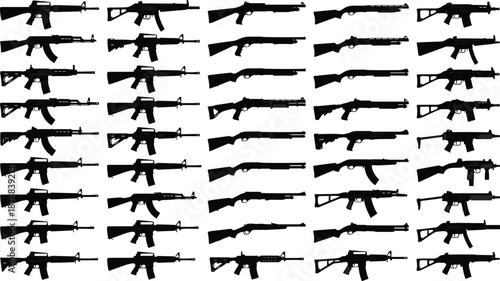 Gun silhouette collection of rifles and shotguns, military weapons set isolated, firearm icons black vector illustration on white background design
