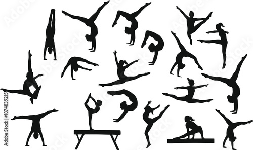 Gymnastics and dance silhouettes, acrobatic ballet poses, black vector icons, athletic movement collection, fitness performance illustration, isolated white background set