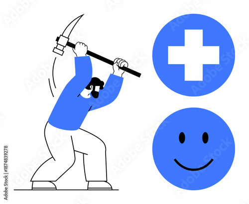 Mining concept. Worker with pickaxe striving for positive results ed by health symbol and happy face. Mining growth and achievement. healthcare, wellness, motivation, positivity, productivity