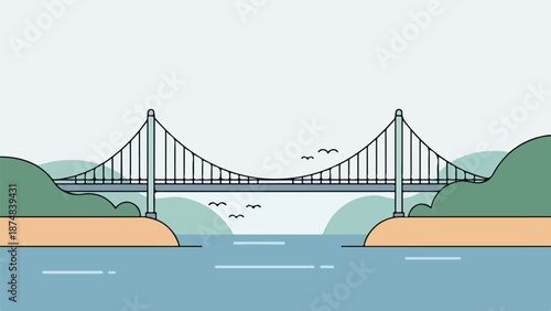 Modern suspension bridge spanning tranquil blue water with green and brown land masses and overcast sky