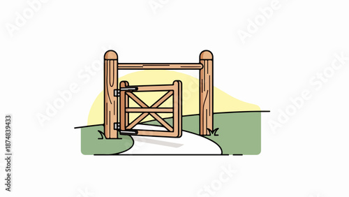 Rustic wooden gate slightly ajar in a tranquil countryside scene with green grass and rolling hills