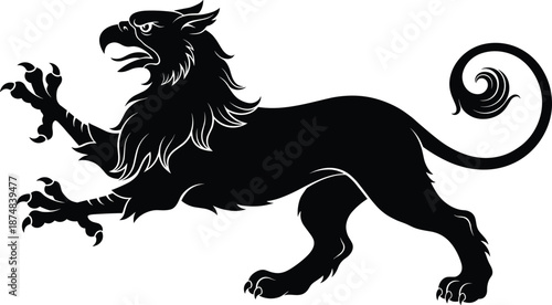 Heraldic lion silhouette, mythic griffin styled wild beast illustration symbolizing strength nobility power, isolated black vector graphic emblem design use