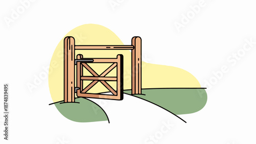 Rustic wooden gate with crosshatched design standing slightly ajar on a grassy slope