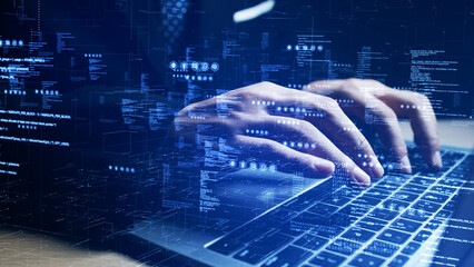 Close-up of programmer typing on laptop with virtual code and digital interface overlay. Ideal for cybersecurity, coding, and software development themes. Technology background concept.