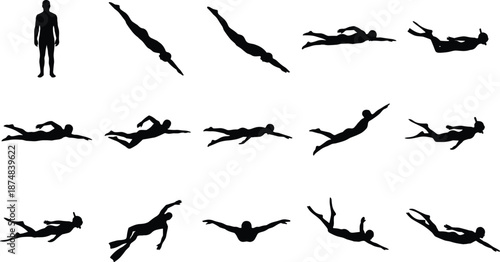 Human swimming silhouettes, diver and swimmer poses, black vector icons, underwater motion collection, sport fitness design elements, isolated white background