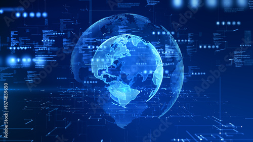 Futuristic 3D digital earth with data streams and interface graphics. Ideal for global technology, network systems, or big data analysis visuals. Technology digital data network concept. 3d Rendaring