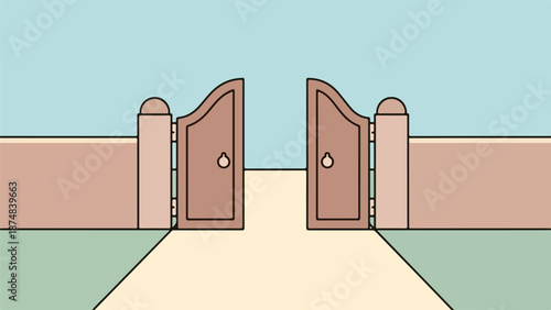 Two large brown wooden doors slightly ajar with circular doorknobs set into a light brown wall with wooden pillars