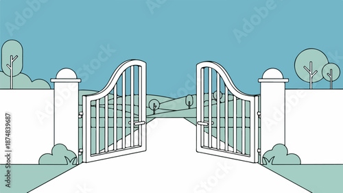 Symmetrical white gate with ornate bars and spherical finials leading to a tranquil landscape