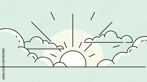 Minimalist sunrise or sunset illustration with radiant sun and fluffy clouds on a green gradient background