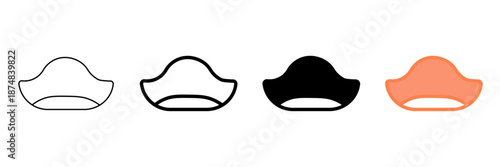 Set of minimalist pirate hat icons with transparent background, depicting captain's tricorn hats for costume designs, marine themes, and historical events, vector illustration