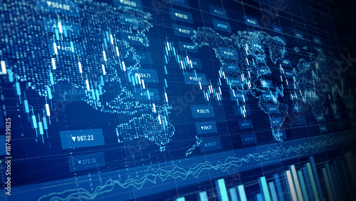 Digital candlestick chart over a world map in blue. Ideal for finance, trading, stock analysis, and investment backgrounds. 3d Rendaring