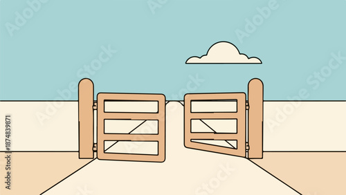 Weathered wooden gates slightly ajar on a light beige path with a soft blue sky