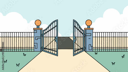 Open metal gates with orange finials on a dirt path with wooden fence and butterflies