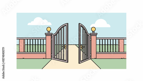 Open black wrought iron gates with golden ornaments on stone pillars against a pinkish-brown stone wall