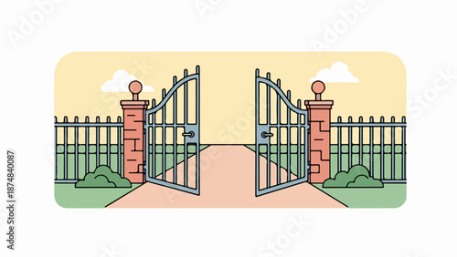 Two open wrought iron gates on brick pillars with spherical finials leading to a green field under a soft yellow sky