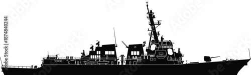 Modern naval warship silhouette, military destroyer profile illustration for maritime defense, navy fleet concept, isolated black vector graphic art background