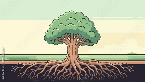 Botanical illustration of a solitary tree with a broad leafy canopy and intricate roots beneath the earth