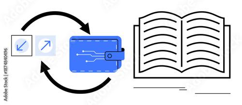 Digital wallet with circuit design beside an open book, connected by circular arrows. Ideal for finance, education, technology, e-books, digital learning, data sharing online transactions. A simple