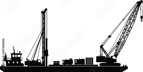 Offshore construction vessel silhouette, heavy crane barge with drilling equipment for marine engineering, industrial maritime operations, isolated black vector illustration