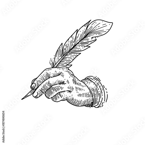 hand drawn hand holding quill pen line art vector illustration