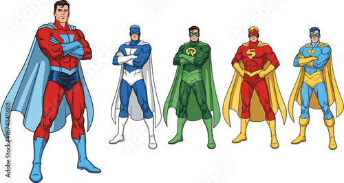 Diverse group of comic book superheroes standing in heroic poses, featuring various colorful costumes and capes, isolated on white background