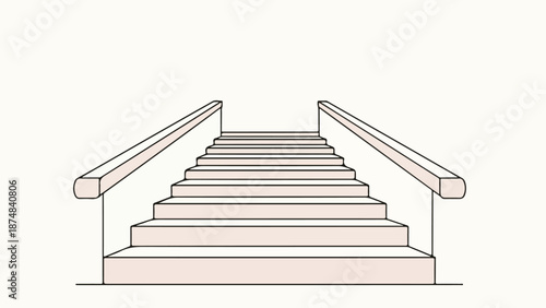 Minimalist staircase with nine steps and cylindrical handrails in soft light pink