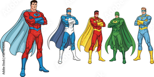 Group of diverse superheroes standing together in powerful poses, comic book style male characters, vector team illustration on white background