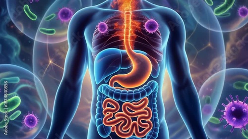 Wallpaper Mural Futuristic human anatomy illustration showing body organs and microbes in a cosmic background Torontodigital.ca