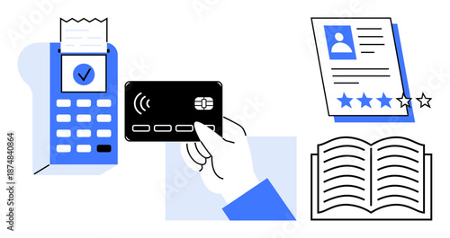 Contactless card payment on a terminal, customer rating form with stars, and open book. Ideal for e-commerce, feedback, education, digital payment, customer experience, learning simple flat metaphor
