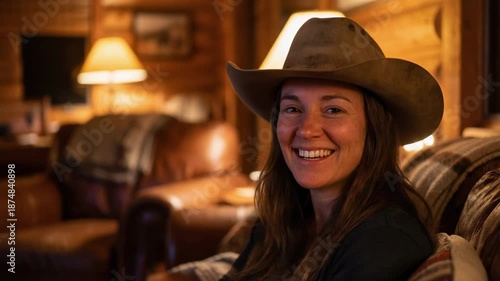 Wallpaper Mural Smiling woman in a cowboy hat relaxing in a cozy cabin with warm lighting Torontodigital.ca