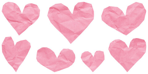 Heart set cut out of crumpled rose pink paper, isolated flat stickers for Valentine's Day design