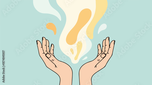 Illustration of female hands with rings and abstract shapes rising upward on a blue gradient background