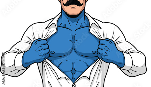 Muscular man with mustache tearing open white shirt to reveal blue superhero costume, comic book style vector illustration, heroic transformation