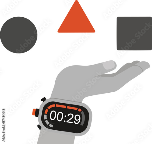 Hand with stopwatch and floating geometric shapes representing time management and decision making.